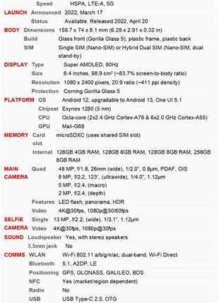 Samsung Galaxy A33 5G A336B A336B/DS 6.4 "6GB RAM 128GB ROM NFC Exynos 1280 Octa Core Telefono cellulare sbloccato originale - riparo82