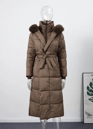 Cappotto lungo in cotone con cappuccio trapuntato imbottito da donna caldo Colletto alla coreana solido allentato Cappotti con cerniera con lacci 2025 Capispalla invernale da donna