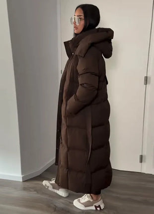 Cappotto lungo in cotone con cappuccio trapuntato imbottito da donna caldo Colletto alla coreana solido allentato Cappotti con cerniera con lacci 2025 Capispalla invernale da donna