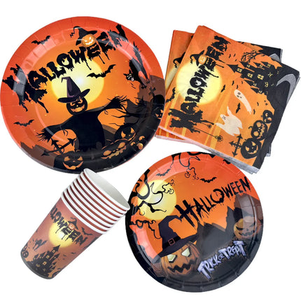 Halloween Theme Disposable Tableware Paper Plates Cups Straws Tablecloth Banner Spiral Cake Topper Happy Halloween Party Decor