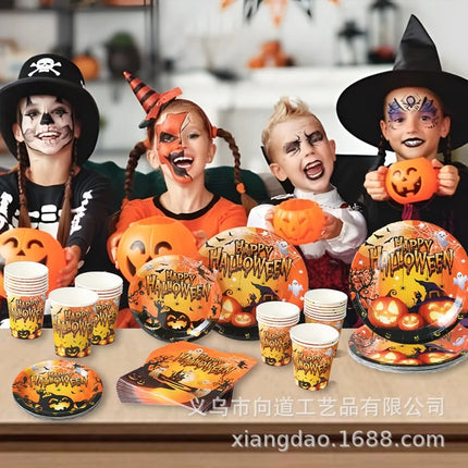 Halloween Theme Party Tableware Set Pumpkin Witch Ghost Dinnerware Paper Plates Cups Napkin Happy Halloween Party Supplies Decor