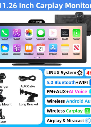 10/11.26 Inch 4K DVR Wireless CarPlay & Android Auto Dash Cam Bluetooth Audio GPS Navigation Dashboard Dual Lens Video Recorder - Riparo82