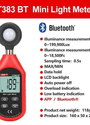 UNI-T Light Meter UT383 UT383BT 200,000 LUX Digital Luxmeter Luminance Lux Fc Test Max Min Illuminometers Photometer