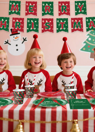 Stoviglie usa e getta a tema natalizio Piatti di carta rosso verde Tazze Tovaglioli Tovaglia Forniture per decorazioni per feste di buon Natale - riparo82