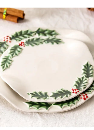 Piatto da pranzo in ceramica in rilievo Piatti da dessert per torte in stile natalizio per la casa Stoviglie da cucina di alta qualità Vassoio da frutta per festival - riparo82