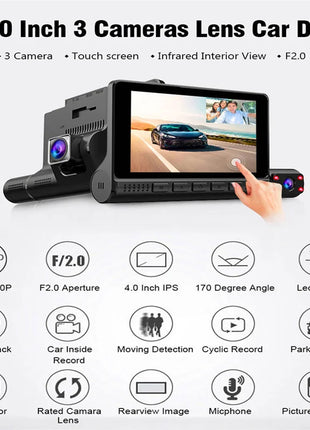 Dash Cam 4 Inch FHD 1080P touch Screen Car DVR 170 Degree Wide Angle 3Lens Video Recorder Night vision Reverse Rear View - Riparo82