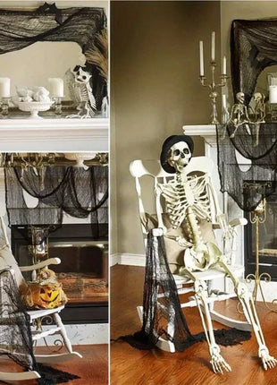 1/2/3pcs black coarse mesh spider web hanging cloth with skeleton bat silhouette for Halloween scary haunted house decoration - Riparo82