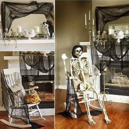 1/2/3pcs black coarse mesh spider web hanging cloth with skeleton bat silhouette for Halloween scary haunted house decoration