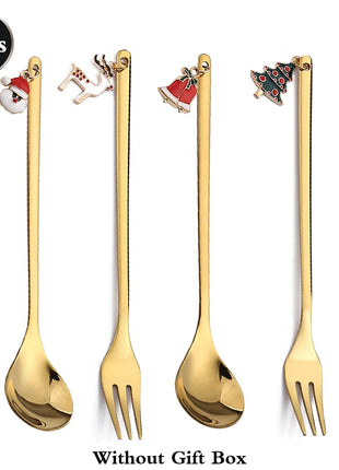 Cucchiaini da caffè e forchette per torte con decorazioni natalizie da 4 pezzi con ornamenti per bambole di Natale, set di posate in metallo dorato, forniture per feste - riparo82
