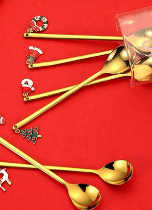 Cucchiaini da caffè e forchette per torte con decorazioni natalizie da 4 pezzi con ornamenti per bambole di Natale, set di posate in metallo dorato, forniture per feste - riparo82