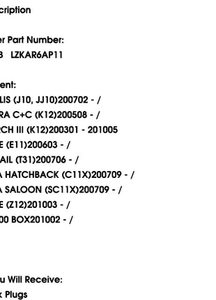 1/4PCS LZKAR6AP-11 Iridium Spark Plug For Nissan Micra March Tiida X-Trail Renault Clio 22401-ED815 - Riparo82