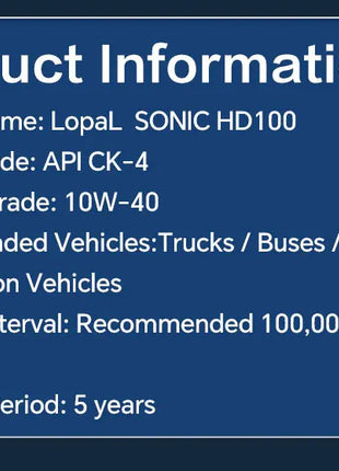 Lopal SONIC HD100 10W-40 CK-4 4L * 1 Bottiglie Olio Motore Auto 4L Lubrificante Olio Motore Sintetico Completo per Auto Protezione Avanzata