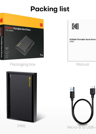 KODAK P190 Disco rigido esterno portatile da 2,5" 1TB/500GB USB 3.0 - Trasmissione veloce per PC, laptop, smartphone e archiviazione