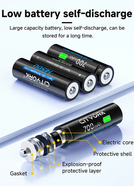 Batteria ricaricabile da dito USB 3.7V 700mAh 14500 AA con porta di ricarica rapida di tipo C per torcia a LED giocattoli lampada frontale per mouse - riparo82
