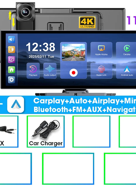 10/11.26" Wireless Carplay Screen for Car,4K Dash Cam HD Car DVR,Android Auto GPS Navigation Video Recorder,1080P Camera,FM,WIFI - Riparo82