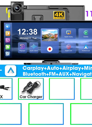 10/11.26" Wireless Carplay Screen for Car,4K Dash Cam HD Car DVR,Android Auto GPS Navigation Video Recorder,1080P Camera,FM,WIFI - Riparo82