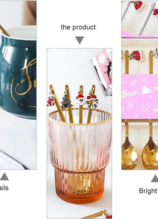 Cucchiaini da caffè e forchette per torte con decorazioni natalizie da 4 pezzi con ornamenti per bambole di Natale, set di posate in metallo dorato, forniture per feste - riparo82