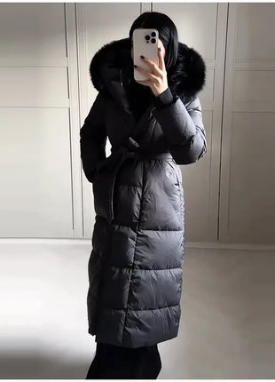 Cappotto lungo in cotone con cappuccio trapuntato imbottito da donna caldo Colletto alla coreana solido allentato Cappotti con cerniera con lacci 2025 Capispalla invernale da donna