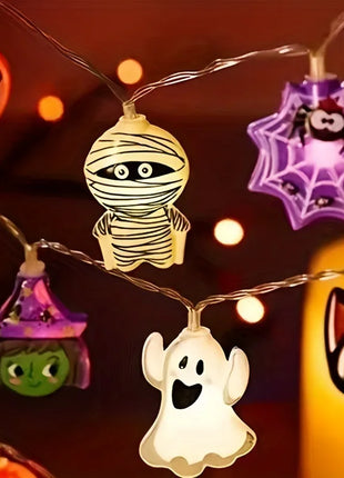 1PC Halloween 10 LED Battery Powered String Lights With Ghost Witch Cat Pumpkin Spider Web Skeleton Mummy Pirate Shape Indoor - Riparo82