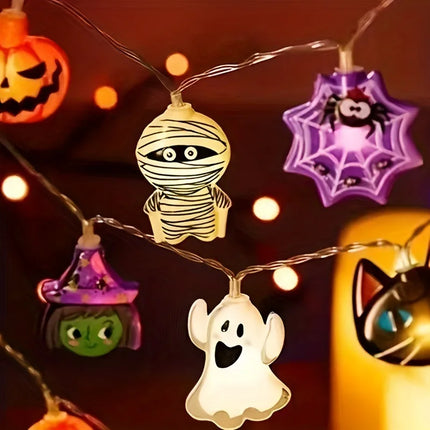 1PC Halloween 10 LED Battery Powered String Lights With Ghost Witch Cat Pumpkin Spider Web Skeleton Mummy Pirate Shape Indoor