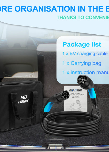EVDANCE Portable 10M EV Charger Extension Cable Female Car Side to Type2 Male Plug 3Phases 16A 11KW Electric Car Charging Cord - Riparo82