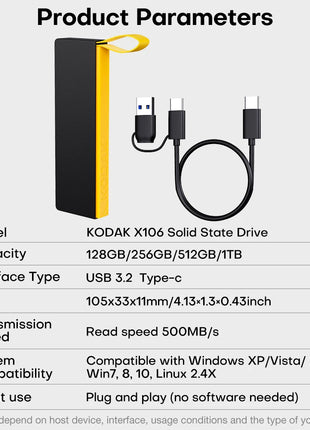 Kodak X106 SSD portatile 2TB 1TB USB 3.2 Tipo C Disco rigido esterno 512GB 256GB Unità a stato solido per PS4 Laptop MacBook PC