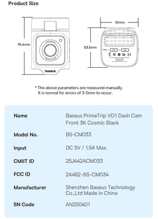 Baseus 3K Dash Cam VD1 Front and Rear Cam HD Built-in GPS Galileo Supercapacitor Car DVR Car Camera Recorder Support 24H Parking - Riparo82