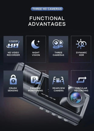 3 Channel Car DVR HD 1080P 2/3-Lens Inside Vehicle Dash CamThree Way Camera DVRs Recorder Video Registrator Dashcam Camcorder - Riparo82