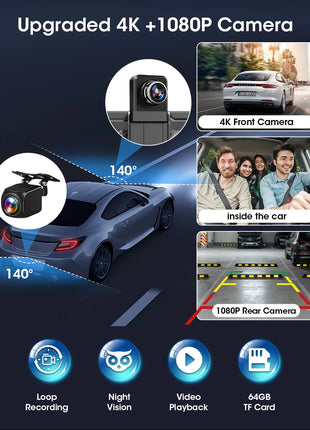 11.26 inch Dash Cam Car DVR 4K Camera Wireless Carplay Android Auto Touch Screen Dual Len Video Recorder Dashboard BT FM AUX GPS - Riparo82