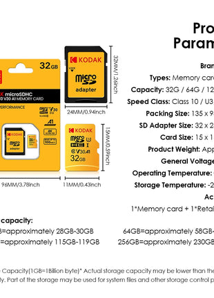 Scheda Micro SD KODAK Scheda di memoria ROSSA con Adapte 32 GB MicroSDHC 64 GB MicroSDXC MicroSD C10 A1 TF Schede Flash Cartao De Memoria