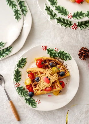 Piatto da pranzo in ceramica in rilievo Piatti da dessert per torte in stile natalizio per la casa Stoviglie da cucina di alta qualità Vassoio da frutta per festival - riparo82