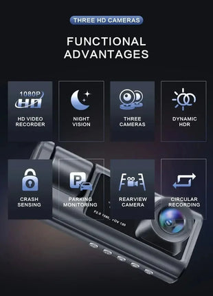 New 3 Channel Car DVR HD 1080P 3-Lens Inside Vehicle Dash CamThree Way Camera DVRs Recorder Video Registrator Dashcam Auto Parts - Riparo82
