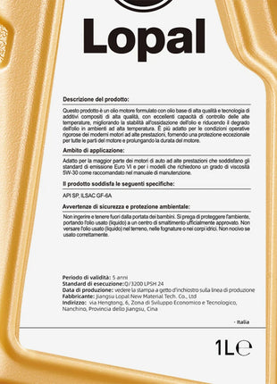 Lopal SONIC 9288,5W-30,SP,GF-6A 1L*6 Bottiglie Olio Motore Auto Protezione Avanzata 6L Lubrificante Olio Motore Sintetico Completo per Auto