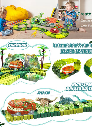 I giocattoli del treno dei dinosauri creano un set da gioco flessibile da corsa su strada del mondo dei dinosauri, auto da corsa dei giocattoli dei dinosauri per le ragazze dei vecchi