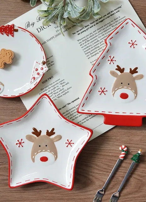 Set di stoviglie natalizie in ceramica dipinta a mano Simpatico piatto da bistecca natalizio Piatto piatto sottosmalto in rilievo - riparo82