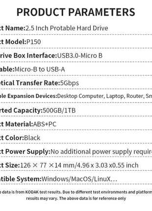 KODAK P150 Disco rigido esterno portatile da 2,5" 1TB/500GB USB 3.0 - Trasmissione veloce per PC, laptop, smartphone e archiviazione