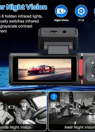 3 Channel Dash Cam, Front and Rear Inside Camera, Dash Camera, 3.16” IPS Screen, Loop Recording, G-Sensor, Night Vision - Riparo82