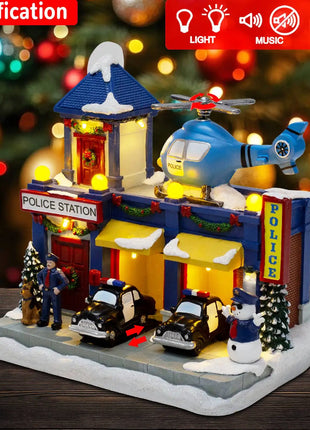 Stazione di polizia animata del villaggio di Natale, musicale illuminato con auto in movimento e elicottero rotante, edificio da collezione per le vacanze