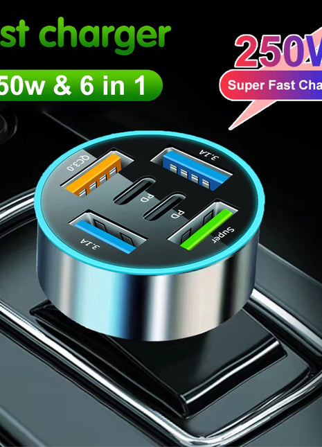 250W 5 Ports Car Charger Fast Charging PD QC3.0 USB C Car Phone Charger Adapter With Voltage For iPhone Samsung Huawei Xiaomi - Riparo82
