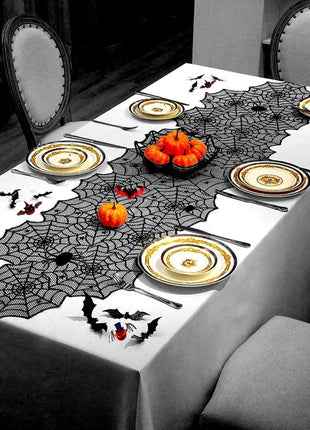 Halloween Decoration Black Spider Web Tablecloth Lace Table Runner Fireplace Cover Halloween Party Home Decor Haunted House Prop - Riparo82