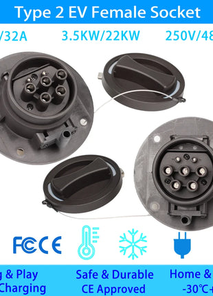 Type2 EV Socket 16A/32A 250V/480V electric vehicle Charging socket With protective cover for IEC 62196 Charger type2 Socket - Riparo82