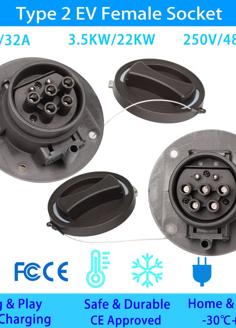 Type2 EV Socket 16A/32A 250V/480V electric vehicle Charging socket With protective cover for IEC 62196 Charger type2 Socket - Riparo82