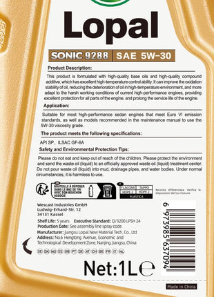 Lopal SONIC 9288, 5W-30, SP, GF-6A 1L * 1 Bottiglie Olio Motore Auto 1L Lubrificante Olio Motore Sintetico Completo per Auto Protezione Avanzata