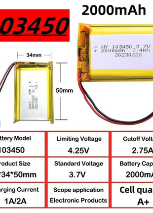 🐰 103450 3.7V 2000mAh Batteria ricaricabile ai polimeri di litio PH 2.0mm Spina a 2 pin per fotocamera Navigatore GPS Capacità MP5 - riparo82