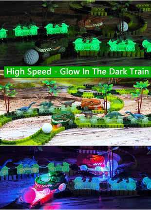 I giocattoli del treno dei dinosauri creano un set da gioco flessibile da corsa su strada del mondo dei dinosauri, auto da corsa dei giocattoli dei dinosauri per le ragazze dei vecchi