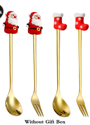 Cucchiaini da caffè e forchette per torte con decorazioni natalizie da 4 pezzi con ornamenti per bambole di Natale, set di posate in metallo dorato, forniture per feste - riparo82