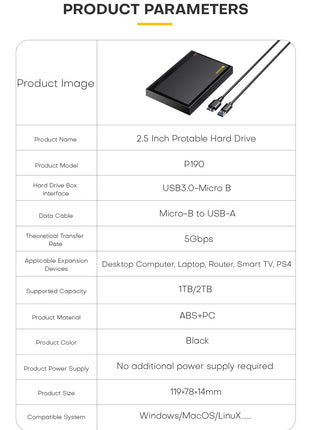 KODAK P190 Disco rigido esterno portatile da 2,5" 1TB/500GB USB 3.0 - Trasmissione veloce per PC, laptop, smartphone e archiviazione