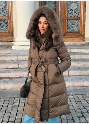 Cappotto lungo in cotone con cappuccio trapuntato imbottito da donna caldo Colletto alla coreana solido allentato Cappotti con cerniera con lacci 2025 Capispalla invernale da donna