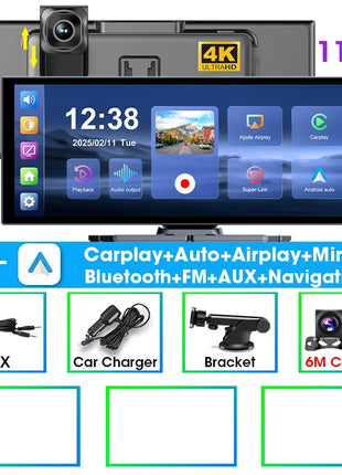 10/11.26" Wireless Carplay Screen for Car,4K Dash Cam HD Car DVR,Android Auto GPS Navigation Video Recorder,1080P Camera,FM,WIFI - Riparo82
