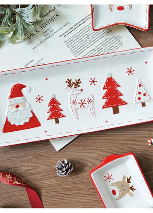 Set di stoviglie natalizie in ceramica dipinta a mano Simpatico piatto da bistecca natalizio Piatto piatto sottosmalto in rilievo - riparo82